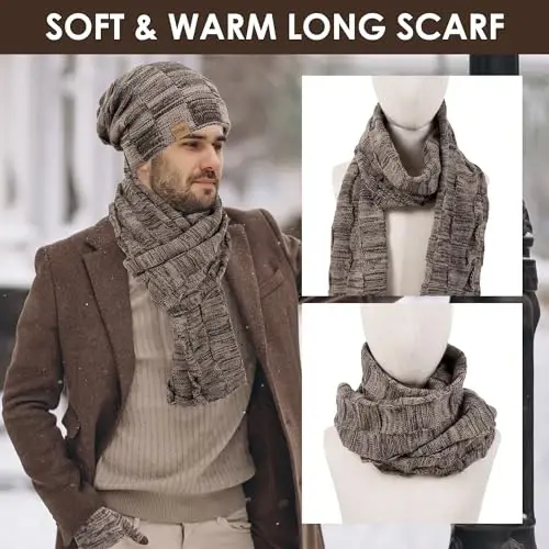 Beanie Shapka Sharf Sensorli Qo'lqoplar Erkaklar va Ayollar uchun To'plam, Junli Issiq Qishki Shapka Qo'lqoplar Uzun Bo'yin Isitgich To'plami - 5