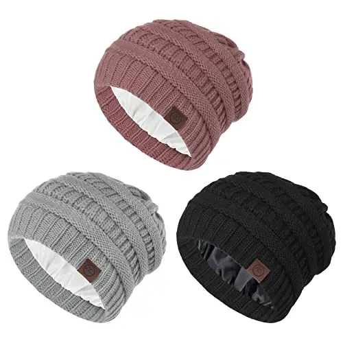 Beanies Ayollar Satin Astarli Beanie Ayollar uchun Qishki Shlyapalar Qish uchun Ipak Astarli Slouchy Beanie Qishki Issiq Trikotaj Manjetli Beanie Shlyapa - 1