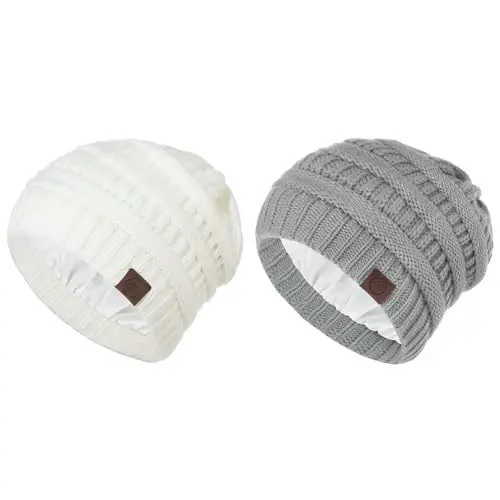 Beanies Ayollar Satin Qoplamali Beanie Qishki Shlyapalar Ayollar uchun Ipak Qoplamali Bo'shashgan Beanie Qish uchun Issiq Trikotaj Manjetli Beanie Shlyapa - BEANIES