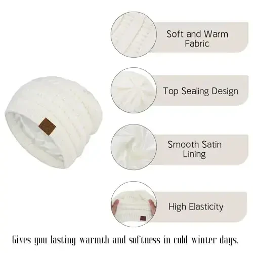 Beanies Ayollar Satin Qoplamali Beanie Qishki Shlyapalar Ayollar uchun Ipak Qoplamali Bo'shashgan Beanie Qish uchun Issiq Trikotaj Manjetli Beanie Shlyapa - 3
