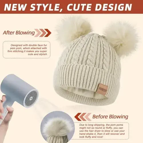 Beanies Ayollar uchun qo'shaloq Pom Pom, Ayollar uchun Qishki Shlyapalar Sovuq Ob-havo uchun Issiq Trikotaj Fleece Astarlı, Kundalik Foydalanish uchun Chiroyli Beanie Qalpog'i - 5