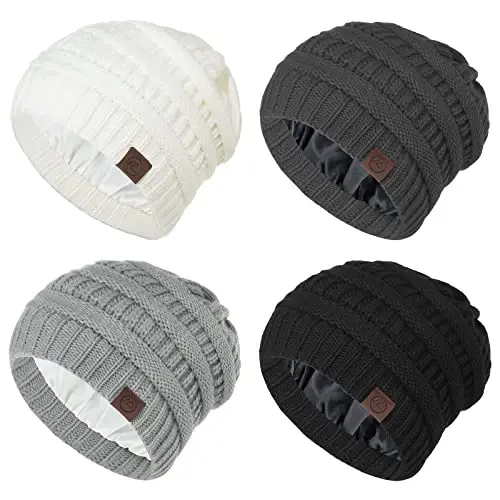 Beanies Women Satin Lined Beanie Winter Hats for Women Silk Lined Slouchy Beanie for Winter Warm Knit Cuffed Beanie Hat - 1