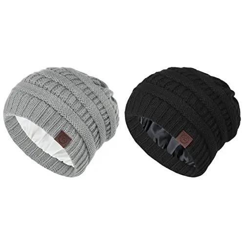 Beanies Women Satin Lined Beanie Winter Hats for Women Silk Lined Slouchy Beanie for Winter Warm Knit Cuffed Beanie Hat - BEANIES