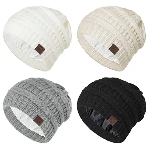 Beanies Women Satin Lined Beanie Winter Hats for Women Silk Lined Slouchy Beanie for Winter Warm Knit Cuffed Beanie Hat 