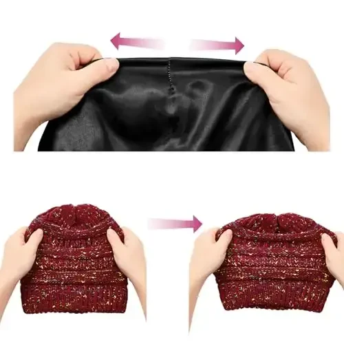 Beanies Women Satin Lined Beanie Winter Hats for Women Silk Lined Slouchy Beanie for Winter Warm Knit Cuffed Beanie Hat - BEANIES (1)