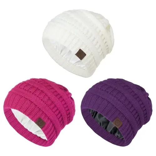 Beanies Women Satin Lined Beanie Winter Hats for Women Silk Lined Slouchy Beanie for Winter Warm Knit Cuffed Beanie Hat 