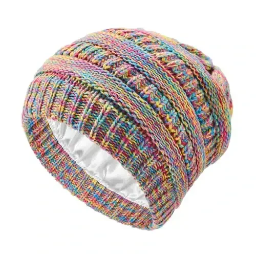 Beanies Women Satin Lined Beanie Winter Hats for Women Silk Lined Slouchy Beanie for Winter Warm Knit Cuffed Beanie Hat - BEANIES