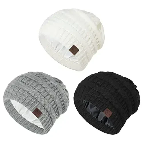 Beanies Women Satin Lined Beanie Winter Hats for Women Silk Lined Slouchy Beanie for Winter Warm Knit Cuffed Beanie Hat 