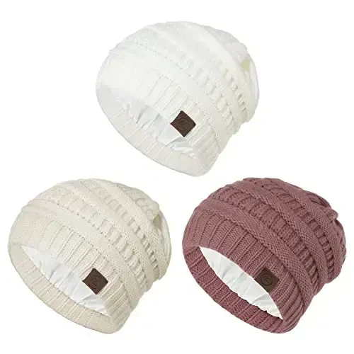 Beanies Women Satin Lined Beanie Winter Hats for Women Silk Lined Slouchy Beanie for Winter Warm Knit Cuffed Beanie Hat - 1