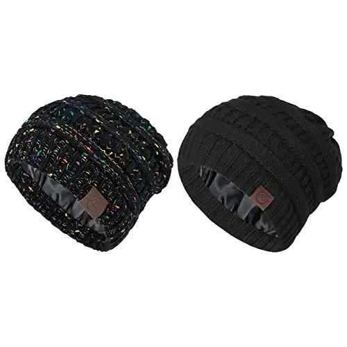 Beanies Women Satin Lined Beanie Winter Hats for Women Silk Lined Slouchy Beanie for Winter Warm Knit Cuffed Beanie Hat 