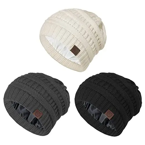 Beanies Women Satin Lined Beanie Winter Hats for Women Silk Lined Slouchy Beanie for Winter Warm Knit Cuffed Beanie Hat - BEANIES