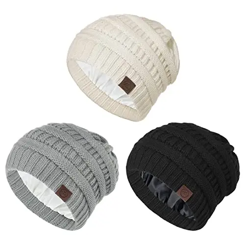Beanies Women Satin Lined Beanie Winter Hats for Women Silk Lined Slouchy Beanie for Winter Warm Knit Cuffed Beanie Hat - 1