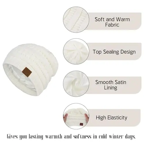 Beanies Women Satin Lined Beanie Winter Hats for Women Silk Lined Slouchy Beanie for Winter Warm Knit Cuffed Beanie Hat - 3