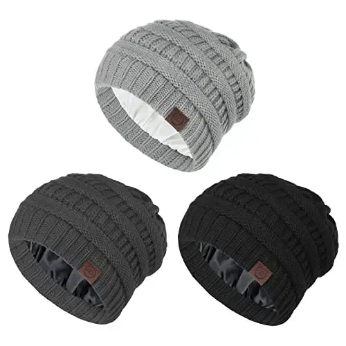 Beanies Women Satin Lined Beanie Winter Hats for Women Silk Lined Slouchy Beanie for Winter Warm Knit Cuffed Beanie Hat - 1