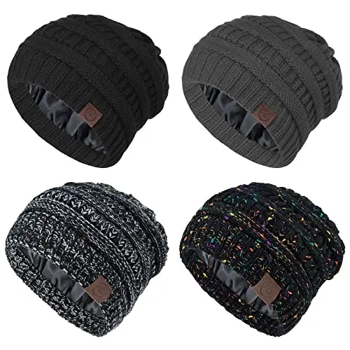 Beanies Women Satin Lined Beanie Winter Hats for Women Silk Lined Slouchy Beanie for Winter Warm Knit Cuffed Beanie Hat 