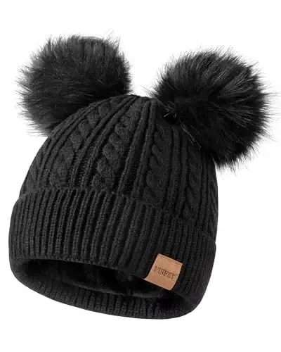 Beanies Women with Double Pom Pom, Winter Hats for Women Cold Weather Warm Knit Fleece Lined, Cute Beanie Cap for Daily Use 