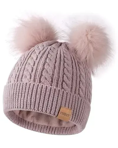 Beanies Women with Double Pom Pom, Winter Hats for Women Cold Weather Warm Knit Fleece Lined, Cute Beanie Cap for Daily Use 