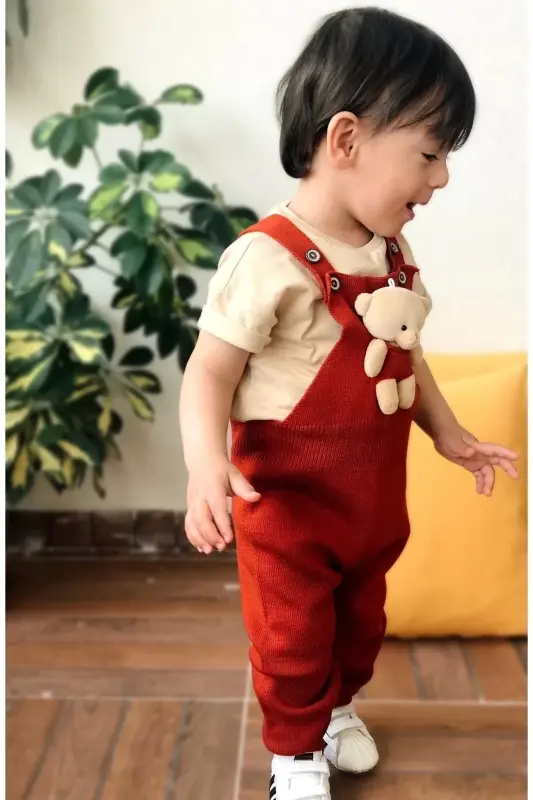 Bear Buttoned Baby Children's Knitted Overalls Brick-Red - 4