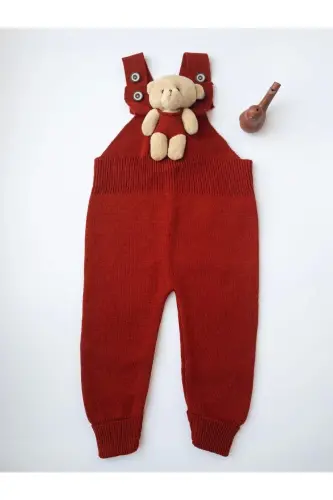 Bear Buttoned Baby Children's Knitted Overalls Brick-Red - 5
