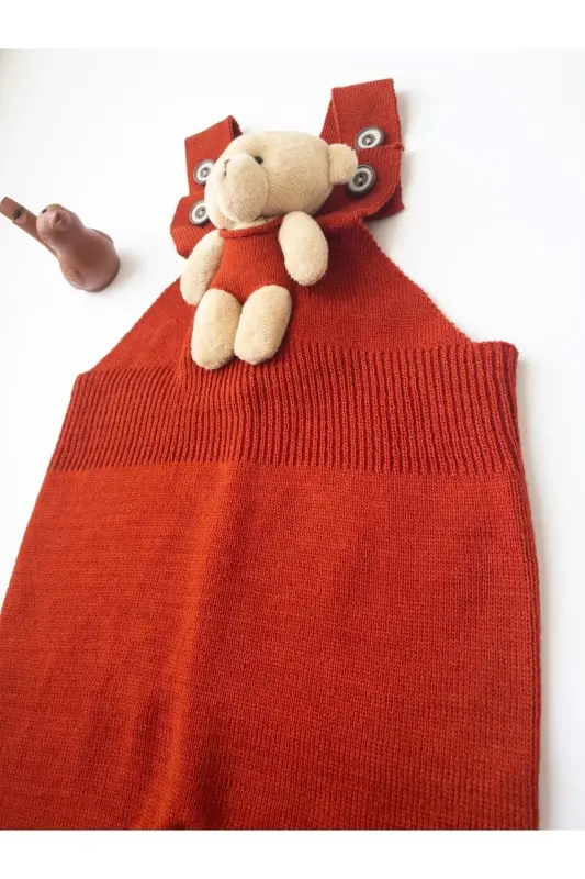 Bear Buttoned Baby Children's Knitted Overalls Brick-Red - 7