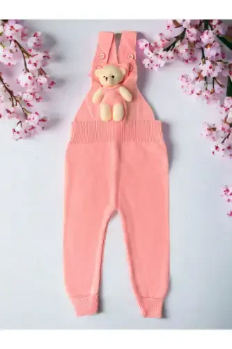 Bear Buttoned Baby Children's Knitted Salopette Light Pink-Light Pink - 1