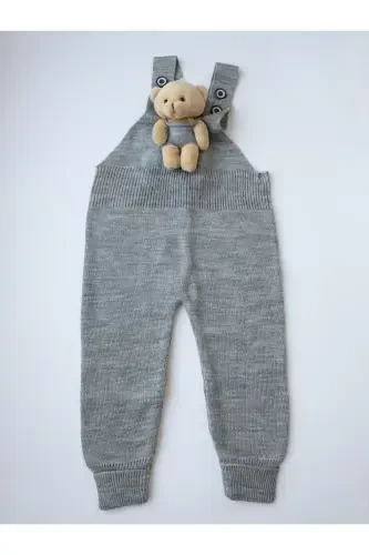 Bear Buttoned Baby Kids Knitted Salopette Grey-Grey - 1