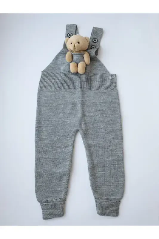 Bear Buttoned Baby Kids Knitted Salopette Grey-Grey - 1