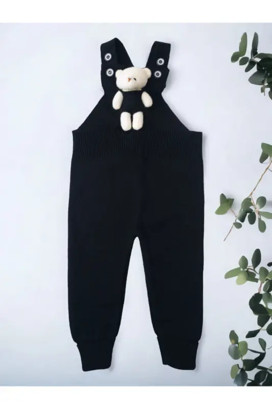 Bear Buttoned Baby Kids Knitted Tights Salopette-Dark Black - 1