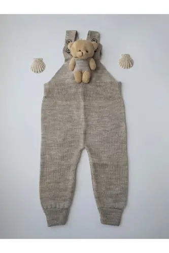 Bear Detailed Buttoned Baby Kid Tricot Salopette Stone-Stone 