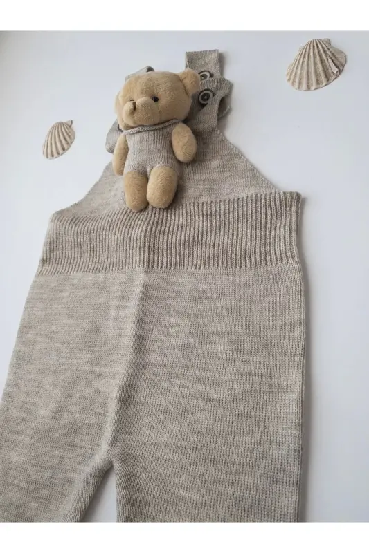 Bear Detailed Buttoned Baby Kid Tricot Salopette Stone-Stone - 7
