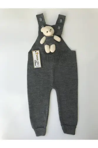 Bear Detailed Buttoned Baby Kids Knit Tights Dungarees-Dark Gray 