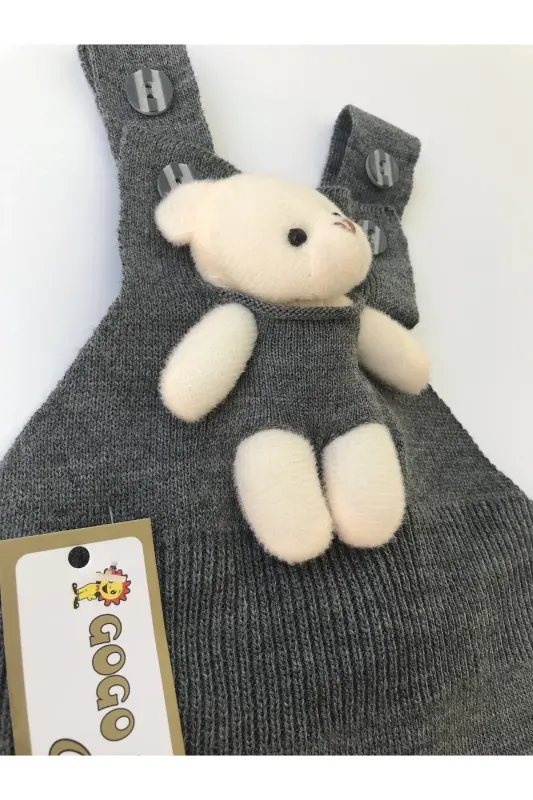 Bear Detailed Buttoned Baby Kids Knit Tights Dungarees-Dark Gray - 2