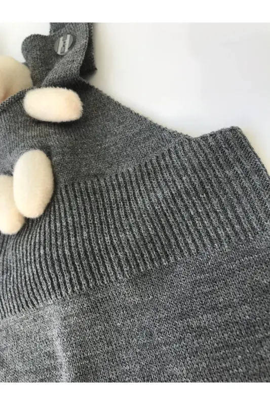 Bear Detailed Buttoned Baby Kids Knit Tights Dungarees-Dark Gray - 4