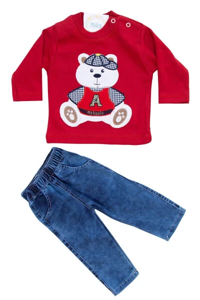 Bear Print Denim Pants Red Seasonal Set for Baby Boys - MIKA BEBEK & ÇOCUK