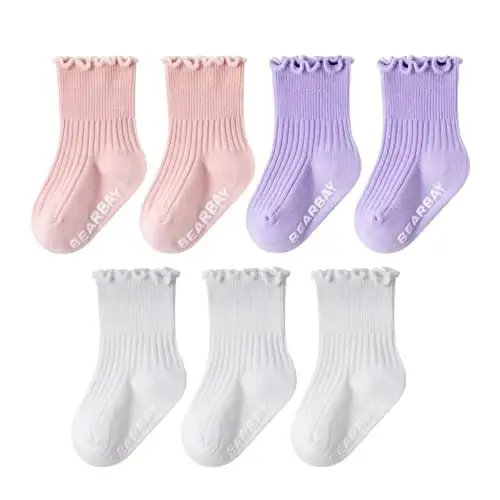 Bearbay Baby Non Slip To‘piqli paypoqlar, 0 oydan 7 yoshgacha bo‘lgan bolalar uchun yurish paypoqlari, tag qismi sirpanmaydigan - BEARBAY