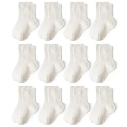 Bearbay Baby Toddler Essentials Non-Slip Crew Socks for Unisex Boys Girls | Full-Sole Silicone Grips,Combed Cotton,9 Pairs Neutral Colors,Reinforced Heel & Toe,Elastic Cuff,Machine Washable - 1
