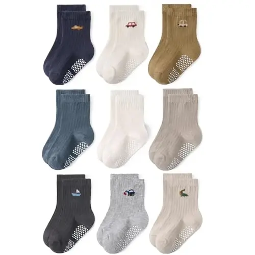 Bearbay Baby Toddler Essentials Non-Slip Crew Socks for Unisex Boys Girls | Full-Sole Silicone Grips,Combed Cotton,9 Pairs Neutral Colors,Reinforced Heel & Toe,Elastic Cuff,Machine Washable - 1