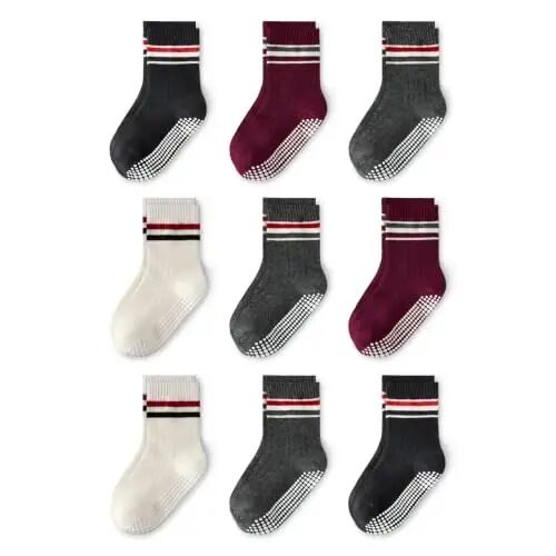Bearbay Baby Toddler Essentials Non-Slip Crew Socks for Unisex Boys Girls | Full-Sole Silicone Grips,Combed Cotton,9 Pairs Neutral Colors,Reinforced Heel & Toe,Elastic Cuff,Machine Washable - Bearbay
