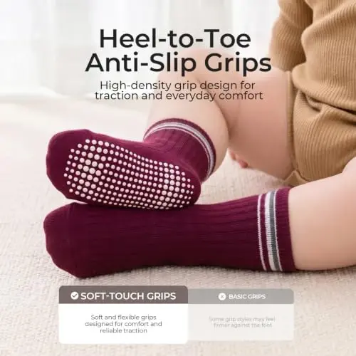 Bearbay Baby Toddler Essentials Non-Slip Crew Socks for Unisex Boys Girls | Full-Sole Silicone Grips,Combed Cotton,9 Pairs Neutral Colors,Reinforced Heel & Toe,Elastic Cuff,Machine Washable - 4