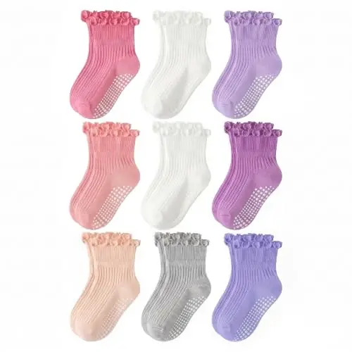 Bearbay Baby Toddler Essentials Non-Slip Crew Socks for Unisex Boys Girls | Full-Sole Silicone Grips,Combed Cotton,9 Pairs Neutral Colors,Reinforced Heel & Toe,Elastic Cuff,Machine Washable - 1