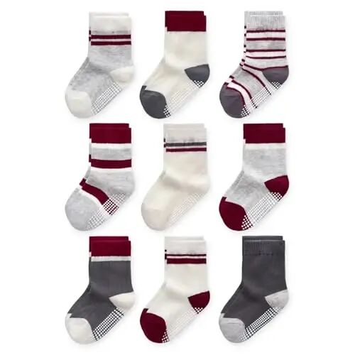 Bearbay Baby Toddler Essentials Non-Slip Crew Socks for Unisex Boys Girls | Full-Sole Silicone Grips,Combed Cotton,9 Pairs Neutral Colors,Reinforced Heel & Toe,Elastic Cuff,Machine Washable - Bearbay