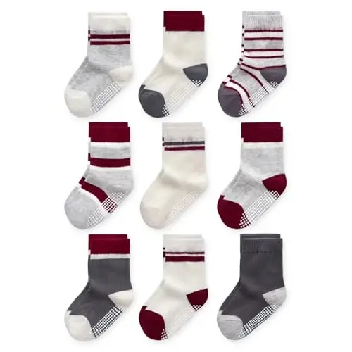 Bearbay Baby Toddler Essentials Non-Slip Crew Socks for Unisex Boys Girls | Full-Sole Silicone Grips,Combed Cotton,9 Pairs Neutral Colors,Reinforced Heel & Toe,Elastic Cuff,Machine Washable - 1