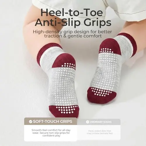 Bearbay Baby Toddler Essentials Non-Slip Crew Socks for Unisex Boys Girls | Full-Sole Silicone Grips,Combed Cotton,9 Pairs Neutral Colors,Reinforced Heel & Toe,Elastic Cuff,Machine Washable - 4