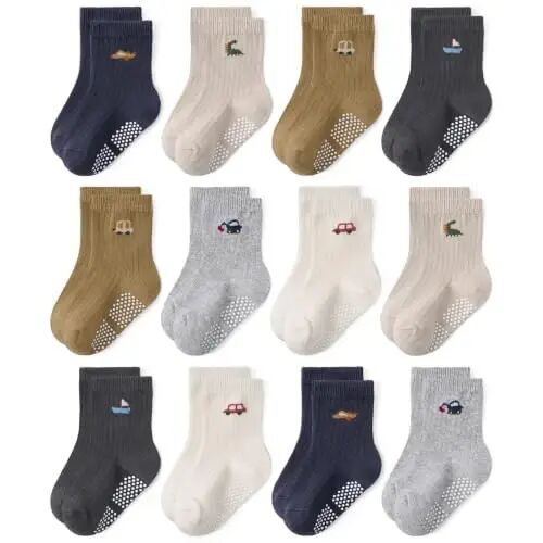Bearbay Baby Toddler Essentials Non-Slip Crew Socks for Unisex Boys Girls | Full-Sole Silicone Grips,Combed Cotton,9 Pairs Neutral Colors,Reinforced Heel & Toe,Elastic Cuff,Machine Washable - Bearbay