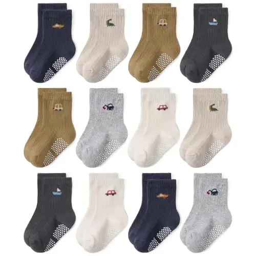 Bearbay Baby Toddler Essentials Non-Slip Crew Socks for Unisex Boys Girls | Full-Sole Silicone Grips,Combed Cotton,9 Pairs Neutral Colors,Reinforced Heel & Toe,Elastic Cuff,Machine Washable - 1