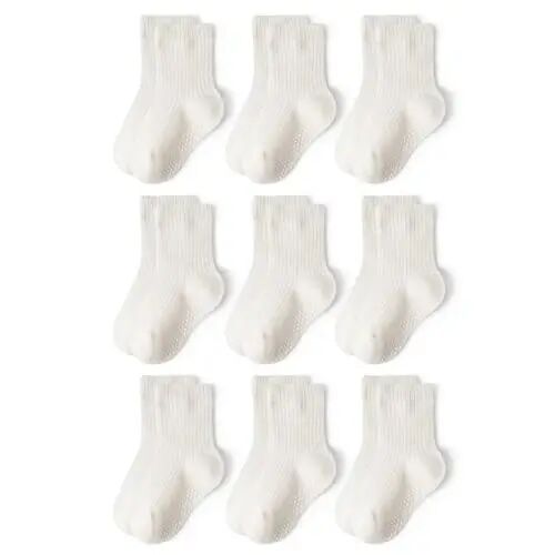 Bearbay Baby Toddler Essentials Non-Slip Crew Socks for Unisex Boys Girls | Full-Sole Silicone Grips,Combed Cotton,9 Pairs Neutral Colors,Reinforced Heel & Toe,Elastic Cuff,Machine Washable - Bearbay