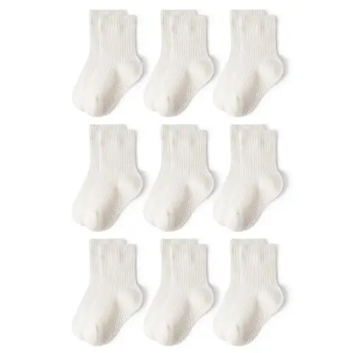 Bearbay Baby Toddler Essentials Non-Slip Crew Socks for Unisex Boys Girls | Full-Sole Silicone Grips,Combed Cotton,9 Pairs Neutral Colors,Reinforced Heel & Toe,Elastic Cuff,Machine Washable - 1