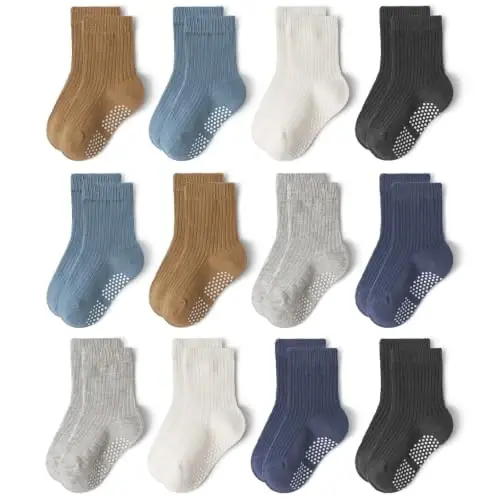 Bearbay Baby Toddler Essentials Non-Slip Crew Socks for Unisex Boys Girls | Full-Sole Silicone Grips,Combed Cotton,9 Pairs Neutral Colors,Reinforced Heel & Toe,Elastic Cuff,Machine Washable - 1