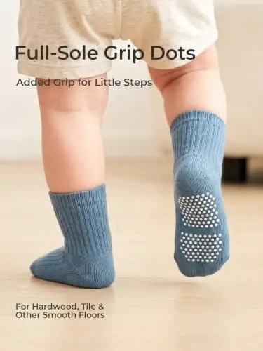 Bearbay Baby Toddler Essentials Non-Slip Crew Socks for Unisex Boys Girls | Full-Sole Silicone Grips,Combed Cotton,9 Pairs Neutral Colors,Reinforced Heel & Toe,Elastic Cuff,Machine Washable - Bearbay (1)