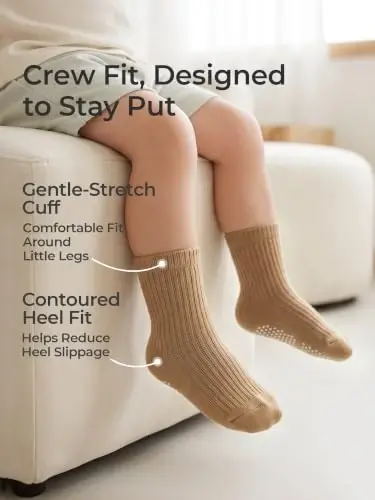 Bearbay Baby Toddler Essentials Non-Slip Crew Socks for Unisex Boys Girls | Full-Sole Silicone Grips,Combed Cotton,9 Pairs Neutral Colors,Reinforced Heel & Toe,Elastic Cuff,Machine Washable - 4